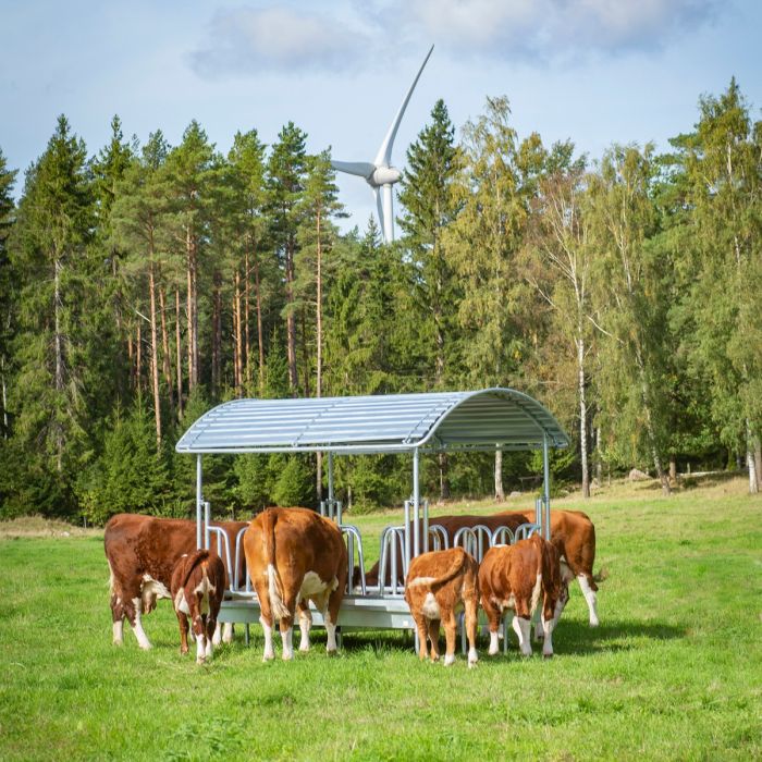 Feeder with tombstone railings for cattle, 14 openings