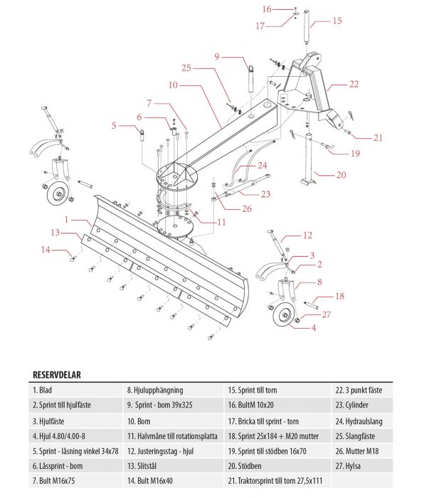 Dozer blade, 2.5 m including wheels and hydraulic cylinder