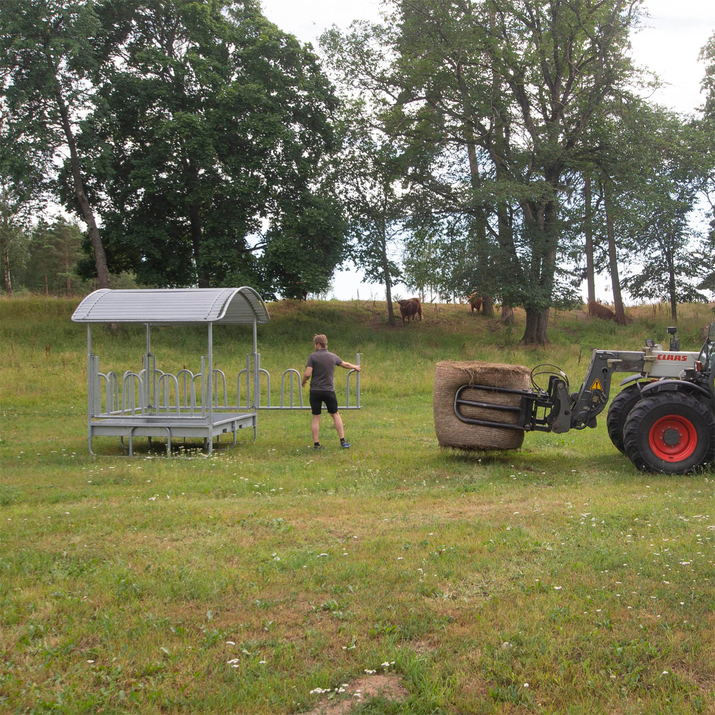 Feeder with tombstone railings, for cattle, 12 feed openings