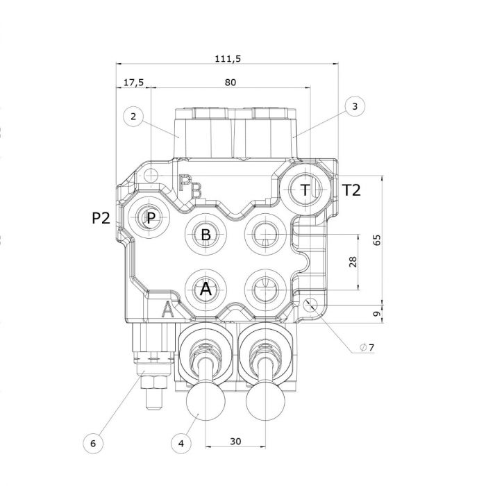 Valve block, 2 sections, multi-lever