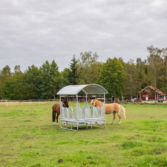 Feeder with roof and covered tombstone railings for horses